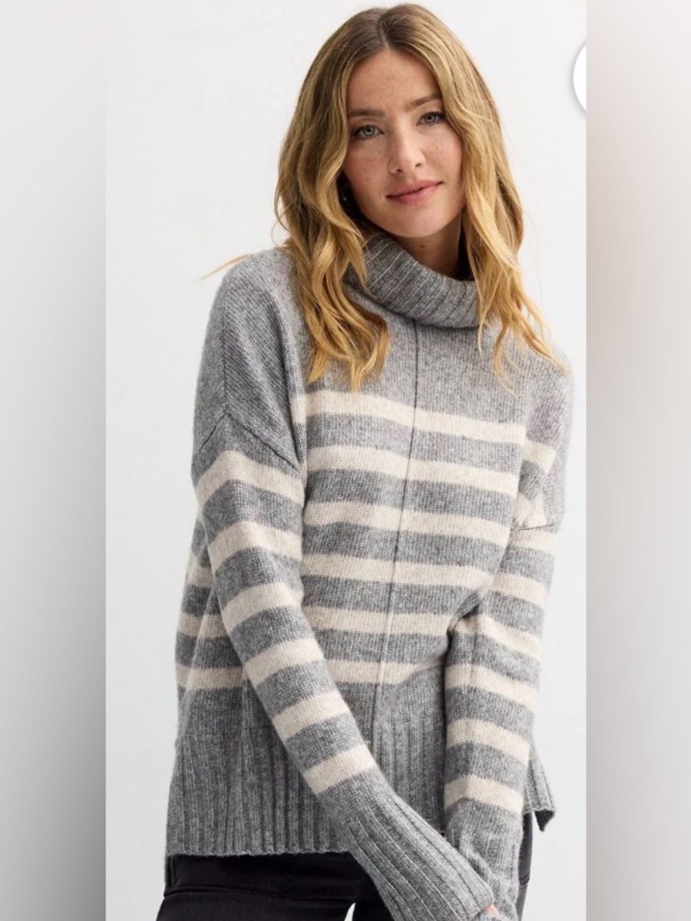 Sonoma Gray and Cream Striped Turtleneck Sweater